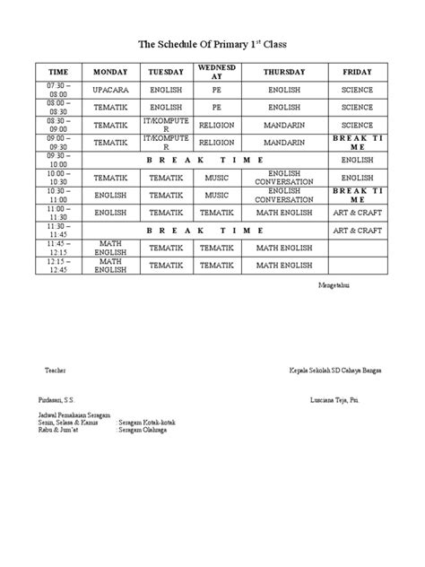 The Schedule Of Primary 1st Class Pdf