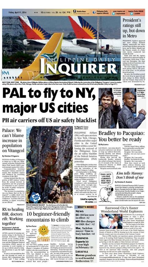 The Front Page Of An Inquirer Newspaper Featuring Images Of People And