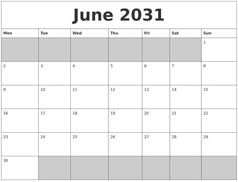 June 2031 Blank Printable Calendar