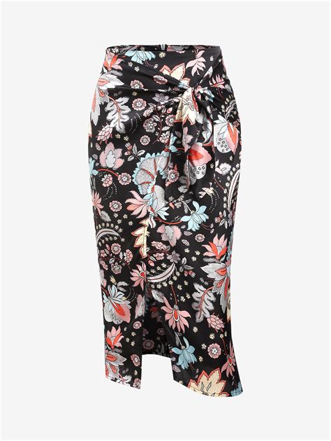 37 Off 2022 Zaful Tied Slit Flower Print Midi Skirt In Black Zaful