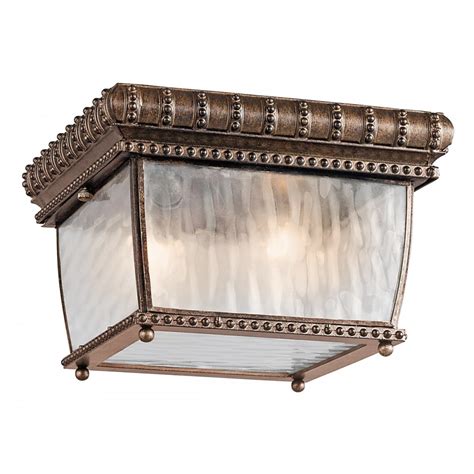 Bronze Flush Porch Ceiling Light Fitting With Rain Effect Glass