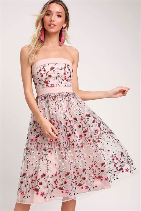 Beautiful Day Taupe Floral Embroidered Strapless Midi Dress Floral Print Midi Dress