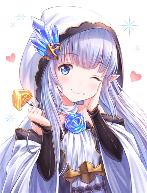 1191923 pointy ears hand on face anime girls one eye closed wink smiling food blue eyes