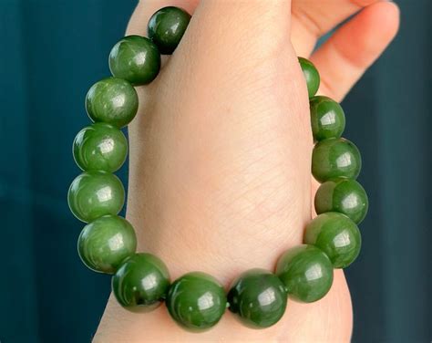 12mm Siberian Spinach Green Nephrite Round Bead Bracelet Etsy