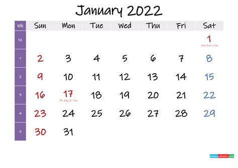 January 2022 Free Printable Calendar With Holidays Template K22m385