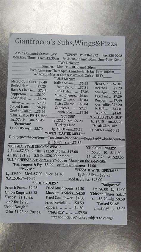Menu Of Cianfrocco S Subs Amp Wings In Rome Ny 13440