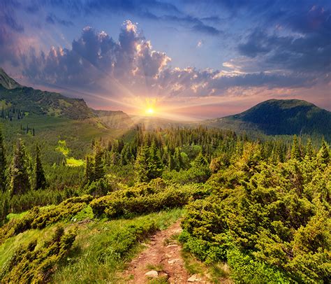 Wallpaper Rays Of Light Nature Mountain Forest Scenery Sunrise And