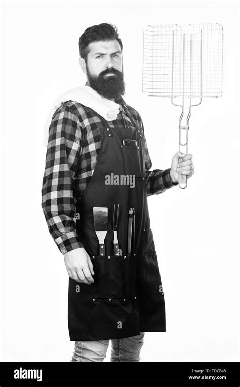 Grid Is Perfect For Your Favorite Food Bearded Man With Barbecue Grid In Hand Hipster Holding