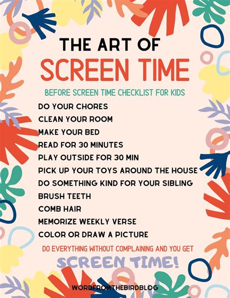 Free Kids Screen Time Checklist Printable Word From The Bird Screen