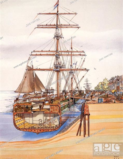 Loading And Unloading Of A Sailing Merchant Ship Section Drawing