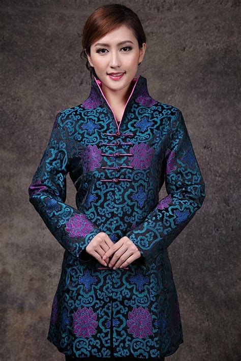 Discount Blue Chinese Womens Satin Long Jacket Classic Style V Neck