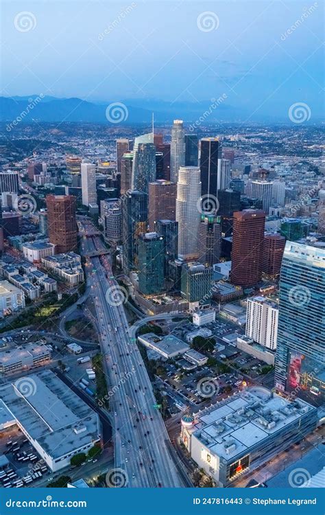 The Downtown Los Angeles California And The City Traffic At Dusk Stock