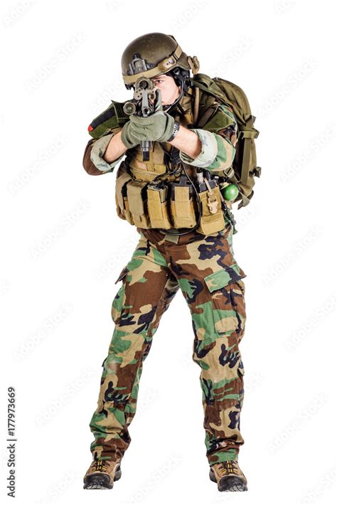 Portrait Soldier Or Private Military Contractor Holding Sniper Rifle