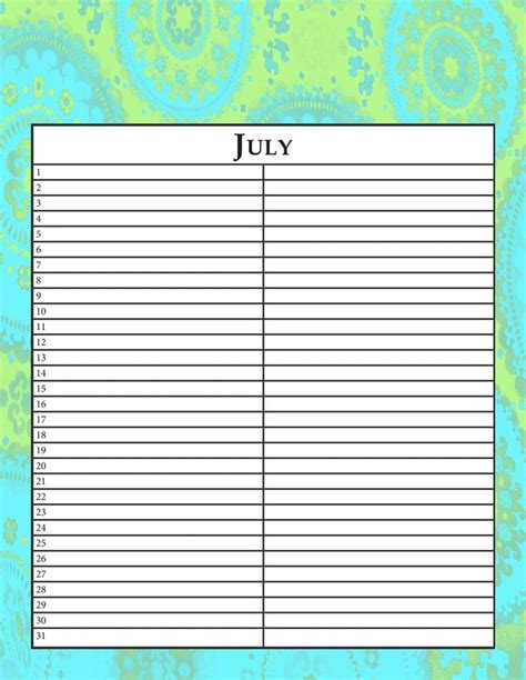 Printable Perpetual Monthly Calendar