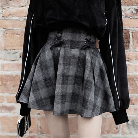 2019 New Gothic Autumn Winter Gray Plaid Skirts Shorts Womens Pleated