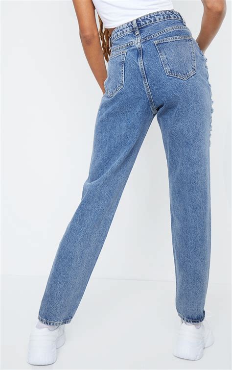 Dark Blue Wash Distressed Side Mom Jeans Prettylittlething Ie