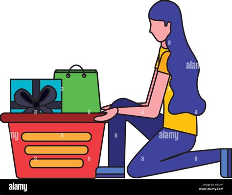 woman on her knees with shopping basket t bag vector illustration stock vector image and art
