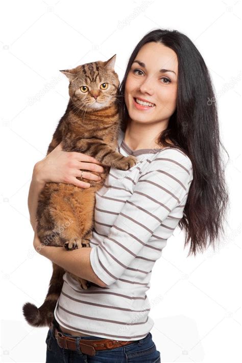 Beautiful Smiling Brunette Girl And Her Ginger Cat Over White Ba