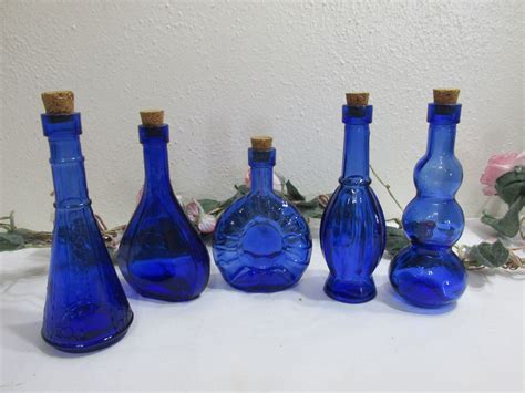 Cobalt Blue Glass Bottles Decorative Set Of 5 With Corks Etsy Blue Glass Bottles Glass