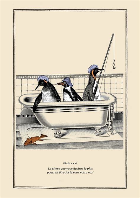 Cute Penguins In Bath Tub Print Vintage Surreal Bathroom Art Etsy In