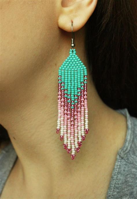 Seed Bead Earrings Turquoise Pink Dangle Earrings Beaded Ombre Etsy In 2020 Seed Bead