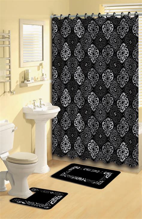 With a great toothbrush holder & soap dispenser, our bath sets are a great addition to your home! Black Gray Scrolls Shower Curtain 15 Pcs Bath Rug Mat ...