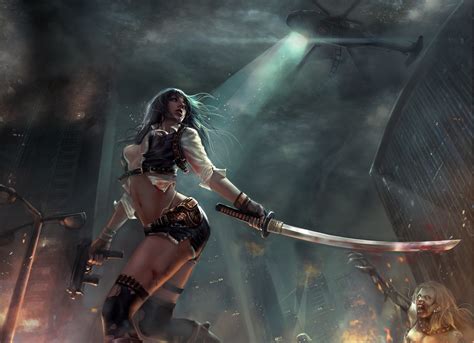 Wallpaper Pejuang Warrior Girls Wanita Pedang Katana Senjata Zombie Senapan Mesin
