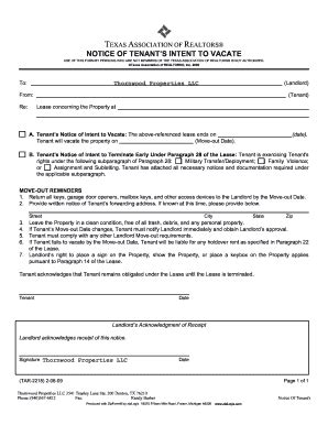 Giving a reason for your tenants to vacate the property isn't required, but it's a polite thing to do. Notice of intent to vacate texas form Fill Online, Printable, Fillable, Blank - PDFfiller