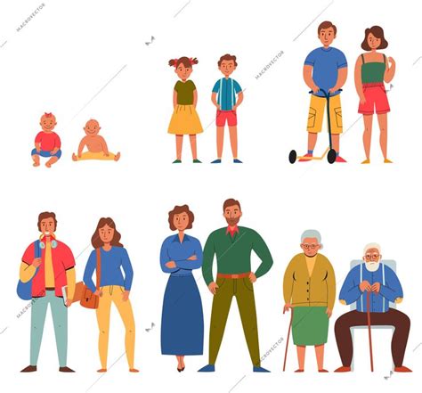 Flat Icons Set With Different Generations Of People Isolated On White