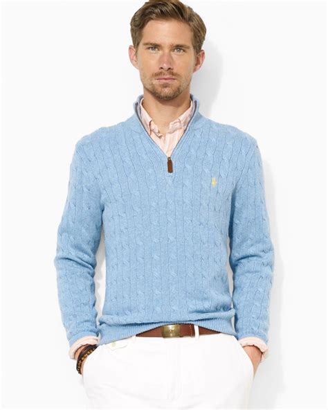 Lyst Ralph Lauren Polo Halfzip Cableknit Tussah Silk Sweater In Blue