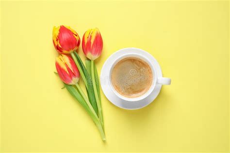 Spring Tulips And Coffee On Yellow Background Good Morning Stock Image