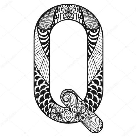 Zentangle Stylized Alphabet Lace Letter Q In Doodle Style Hand イラスト素材