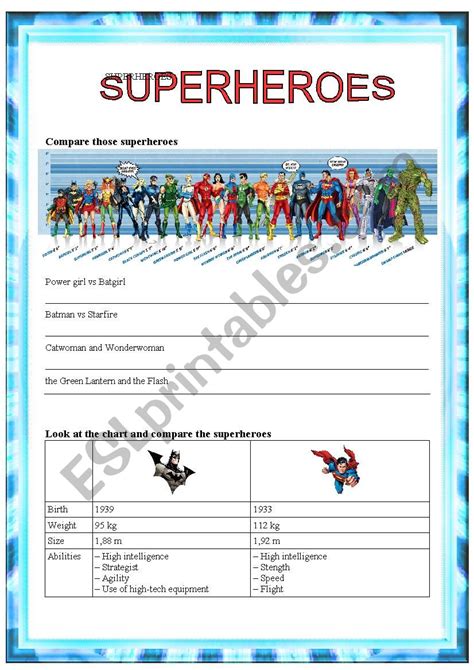Superheroes Comparison Esl Worksheet By Exoticfairy