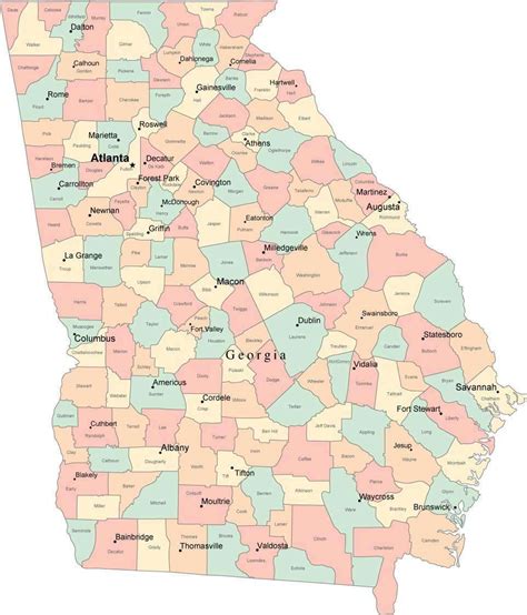 Multi Color Georgia Map With Counties Capitals And Major Cities