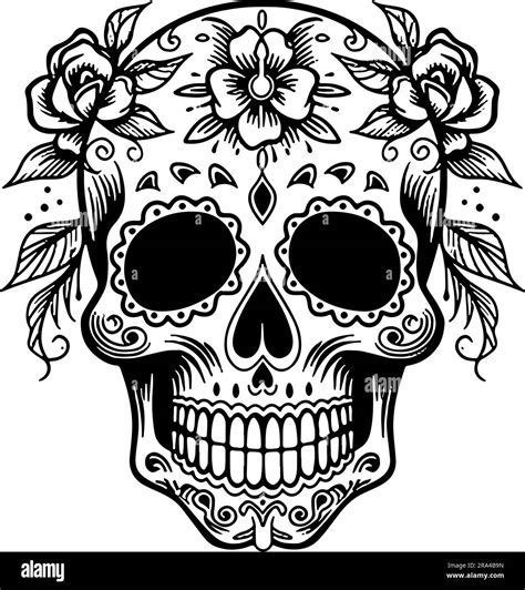 Skull With Flowers Vector Art Inspired In Lo Dia De Los Muertos Stock