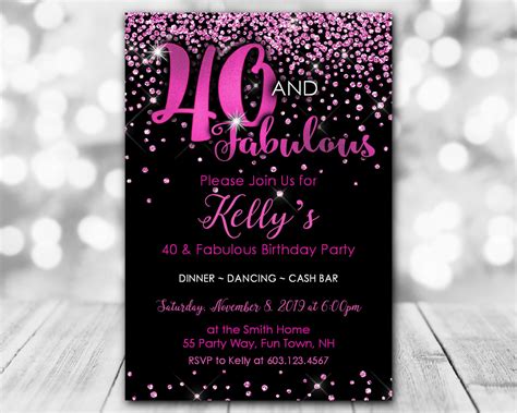 40th Birthday Party Invitation Forty And Fabulous Glitter Etsy