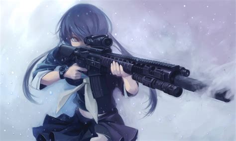 Wallpaper Gun Long Hair Anime Girls Blue Hair Weapon