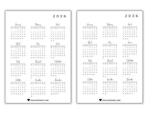 2026 Yearly Calendar Printable Cute And Free Printable Calendars The