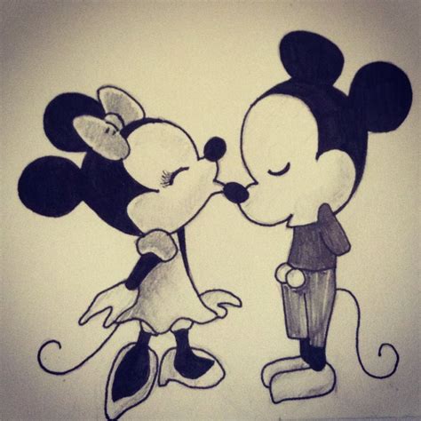 A Drawing Of Mickey And Minnie Kissing Each Other On A White Surface