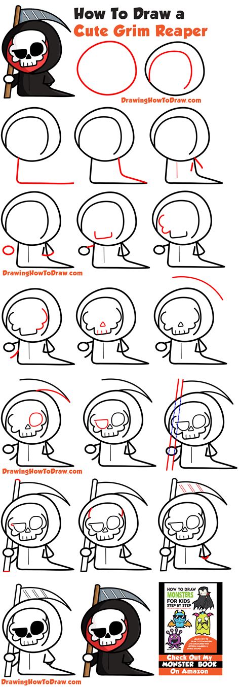 How To Draw A Cute Cartoon Grim Reaper Kawaii Chibi Easy Step By