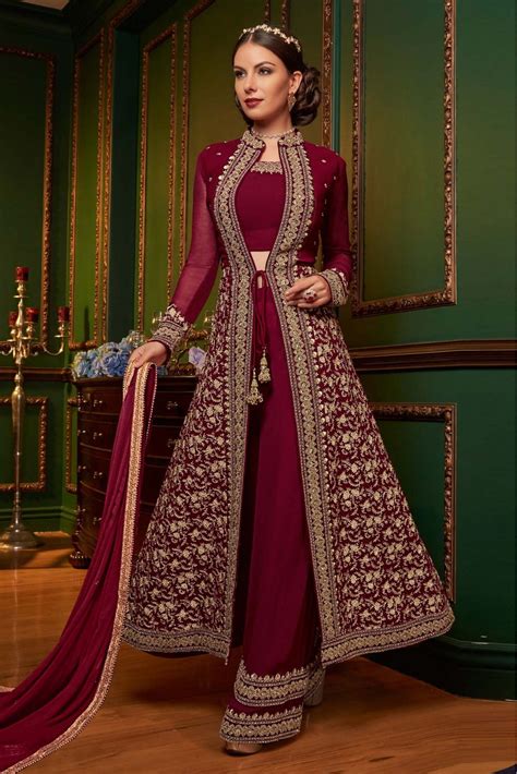 Faux Georgette Palazzo Pant Suit In Maroon Colour In 2021 Fashion