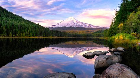 Download 1366x768 Wallpaper Lake Reflections Mountains Mount Hood