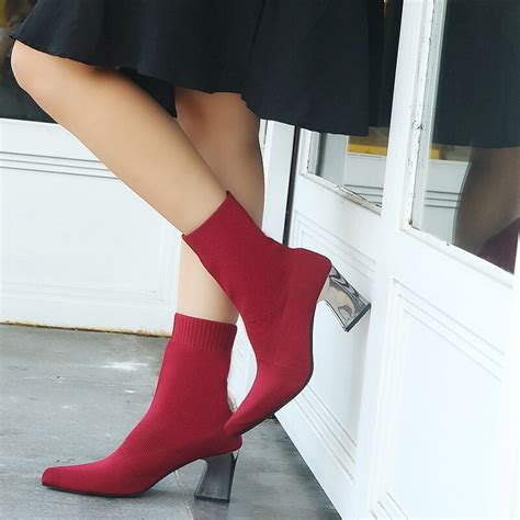 Fashion Ankle Elastic Sock Boots Chunky High Heels Stretch Women Autumn Sexy Booties Pointed Toe