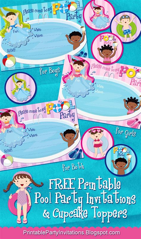 Three Free Printable Pool Party Invitations Plus Cupcake Toppers Free Printable Party