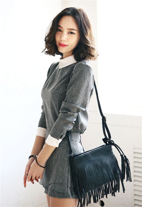 Itsmestyle Korean Fashion Grey Dress White Collar Black Fringe Bag ºº♡ Emma Jane ♡ºº Moda