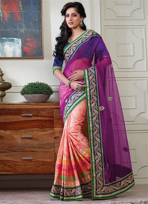 Gorgeous Half And Half Net Saree Purple Pink Color Magenta Indian