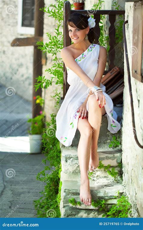 Greek Woman Is Sitting On Stone Steps Stock Image Image Of Activity