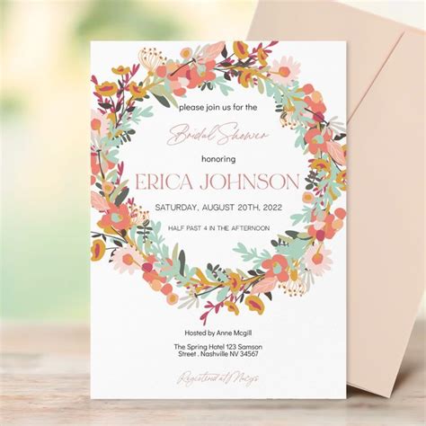 Colorful Wreath Bridal Shower Invitation Template Floral Etsy
