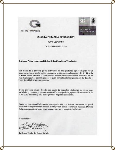 Orden Del Temple Carta De Agradecimiento Donación Hecha En Nombre De