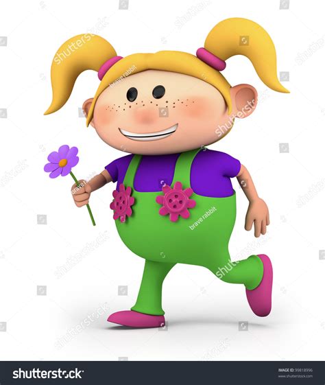 Cute Little Cartoon Girl Running Flower Stock Illustration